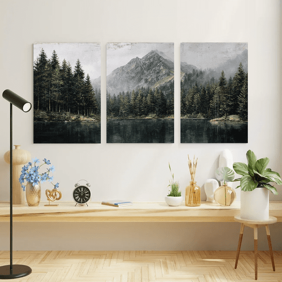 Set of 3 Abstract Landscape Canvas Posters Vintage Scenic Wall Art for Living Room, Bedroom, Indoor Portrait Frameless Canvas Prints with Neutral Tones