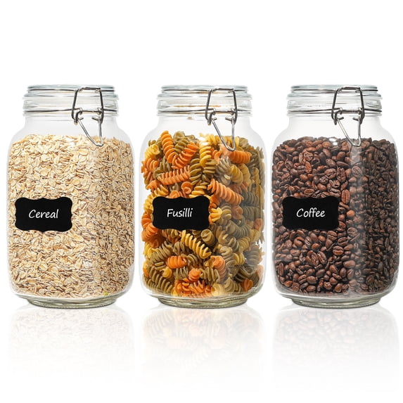 Set of 3 Airtight Glass Canister with Lids 50oz Clear Food Storage Jars Square, Kitchen & Pantry Organization Food Storage Container for Canning, Sugar, Flour, Pasta, Candy, Cereal, Coffee
