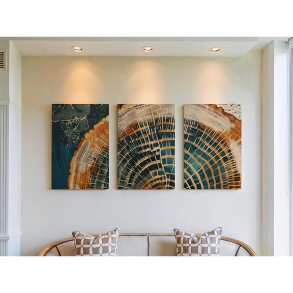 Set of 3 Ancient Forest Wall Art, Majestic Tree Ring Triptych Prints, Nordic Nature Wood Grain Decor, Glacial Blue & Warm Rust Gallery Set, Poster Only