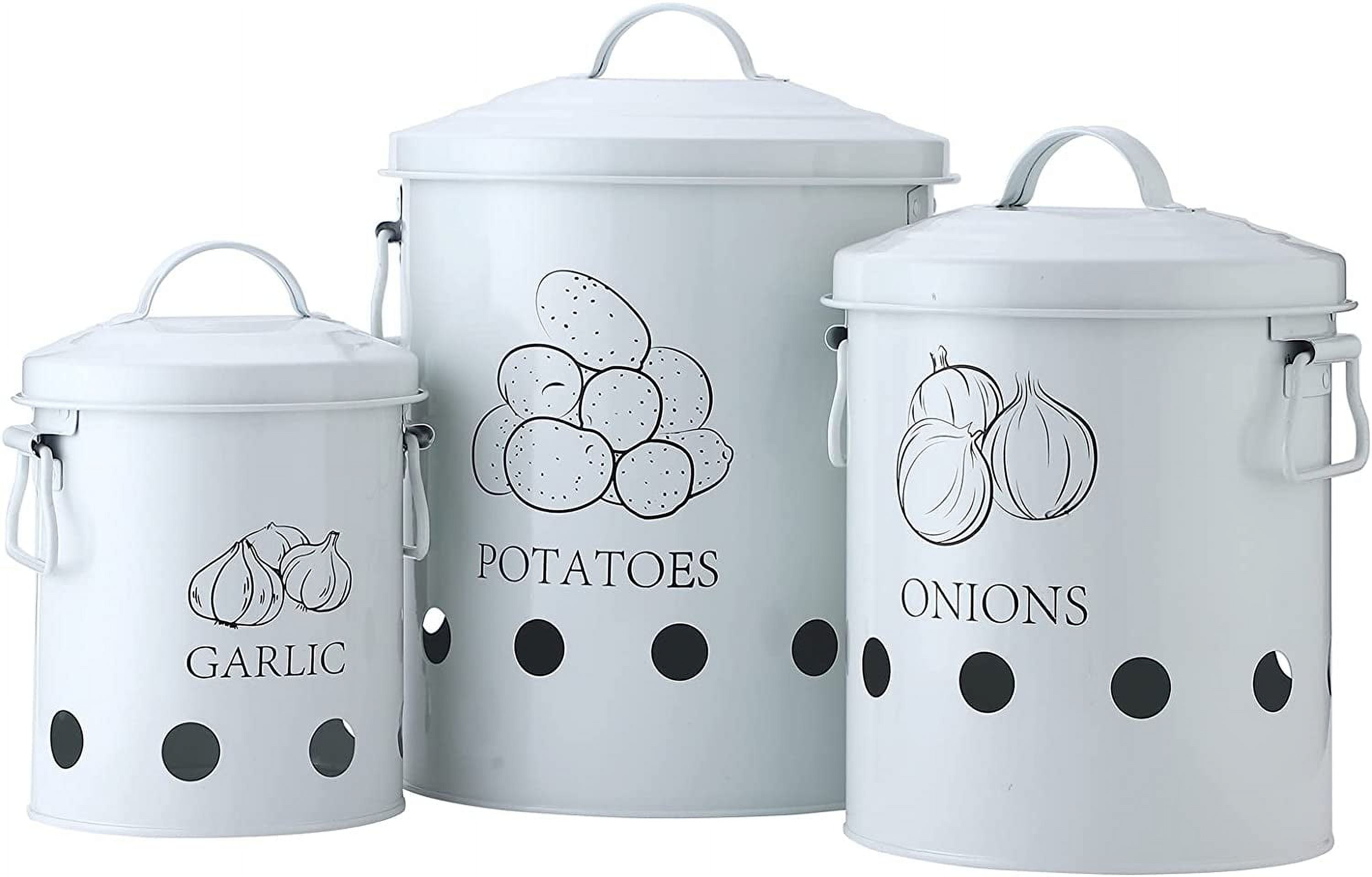 Set of 3 Antique Cream Vintage Potato Onion Kitchen Storage Canisters
