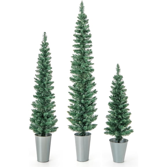 Set of 3 Artificial Christmas Tree, 3' 4' 5' Slim Pencil Xmas Tree with Silver Metal Buckets, Faux Potted Christmas Trees for Front Porch Entrance Indoor Festive Holiday Party Office Home Decor