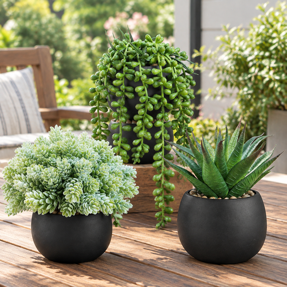 Set of 3 Artificial Succulent Plants in Black Concrete Pots Faux Aloe Hops String of Pearls Potted Plants Small Fake Plants Desk Plants for Home Office Desk Kitchen Bathroom Shelf