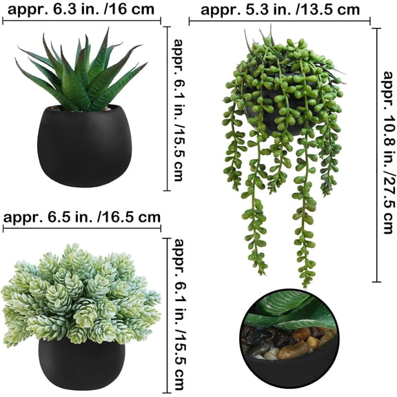 Set of 3 Artificial Succulent Plants in Black Concrete Pots Faux Aloe Hops String of Pearls Potted Plants Small Fake Plants Desk Plants for Home Office Desk Kitchen Bathroom Shelf Windowsill