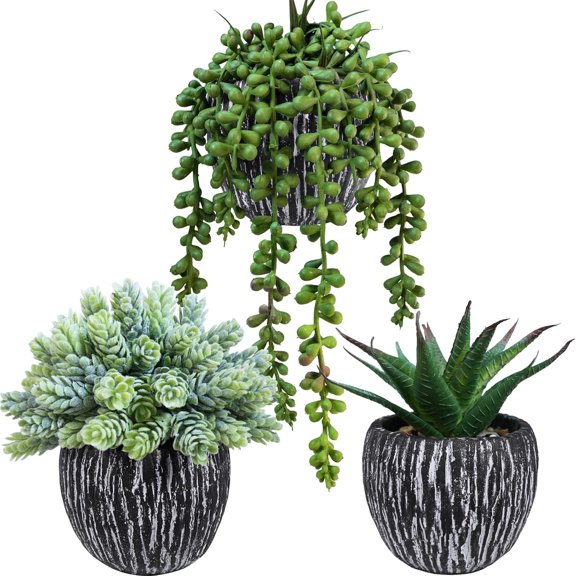 Set of 3 Artificial Succulent Plants in Black Pots Fake Hops Aloe String of Pearls Potted Plants Small Faux Plants Desk Plants for Home Office Desk Kitchen Bathroom Shelf Windowsill Decor