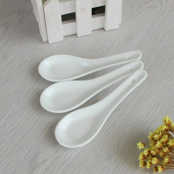 Set of 3 Asian Soup Spoons Ceramic Japanese Soup Spoons 6 Inch Large Ultra-fine Porcelain Kitchen Tablespoon for Dumpling Cereal Stews, Deep Oval Hook Design (White)