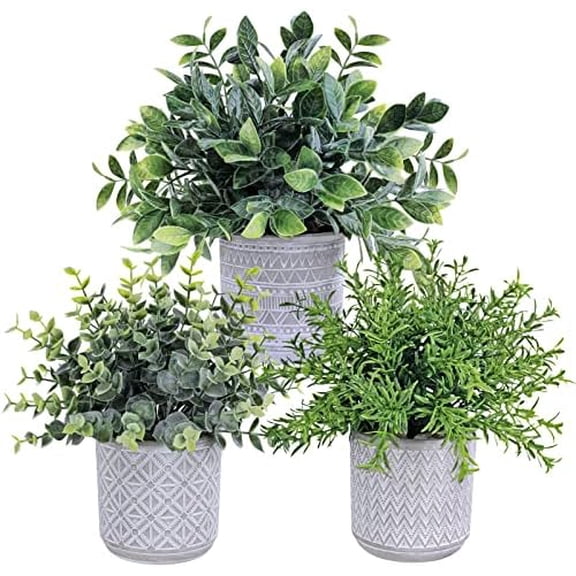 Set of 3 Assorted Small Potted Plants Fake Eucalyptus and Rosemary Plants in Gray Geometric Concrete Ceramic Pots for Gifts Home Kitchen Office Shelf Table Desk Modern Indoor Outdoor Greenery Decor