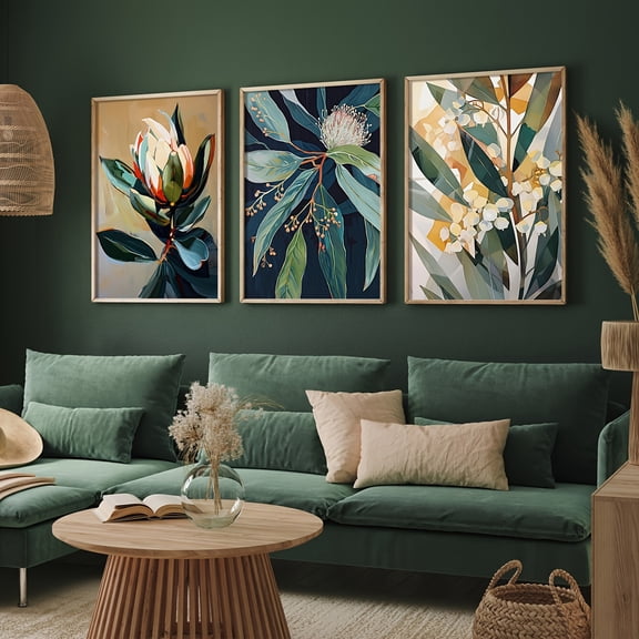 Set of 3 Australian Native Floral Abstract Canvas Prints, Art Deco Modern Rustic Style Flower Art Prints, Vintage Australian Plant Posters for Living Room, Bedroom, Kitchen, Hallway, Home & Room Dec