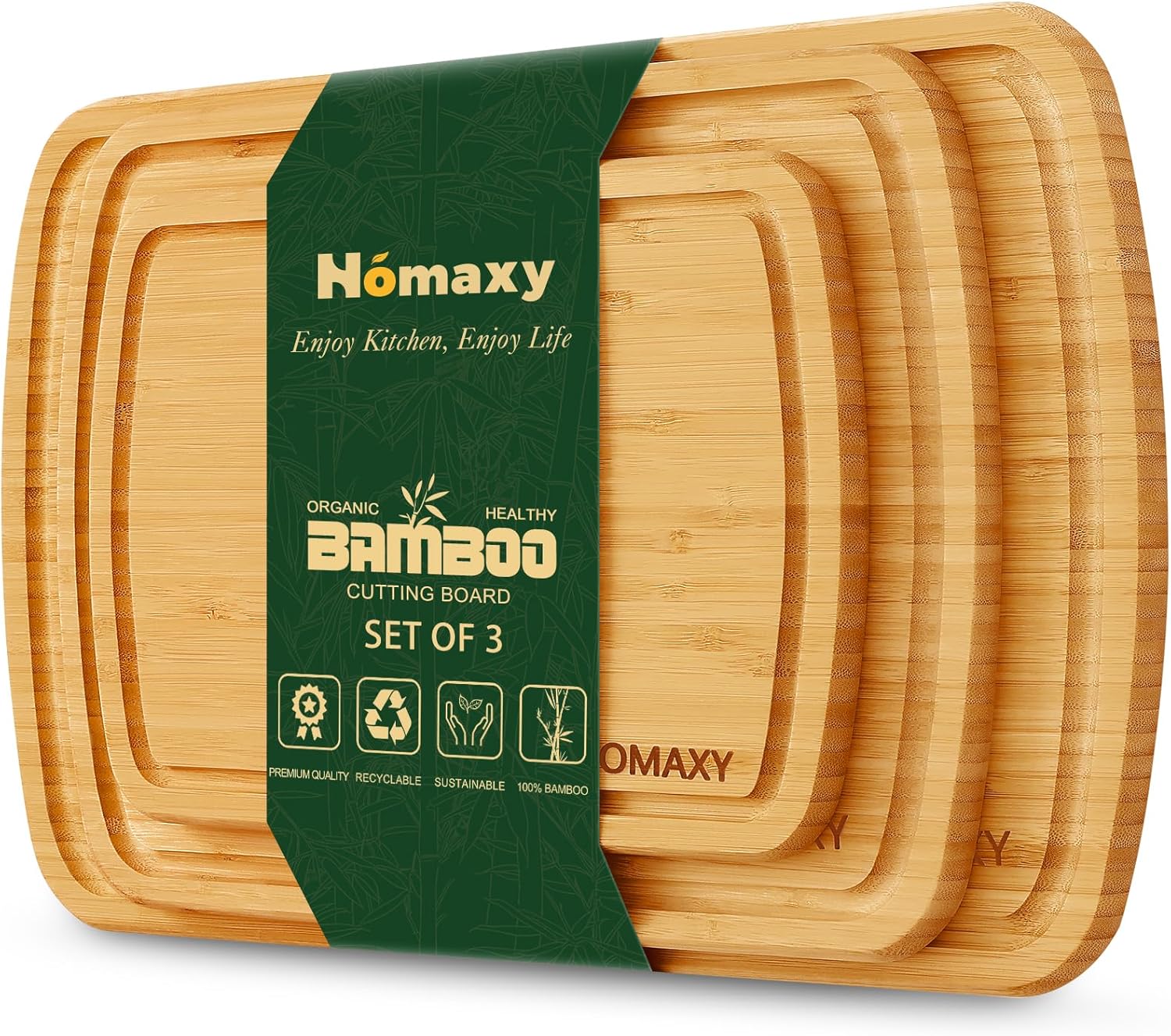 Set of 3 Bamboo Cutting Boards for Kitchen, Wood Board Set with Juice