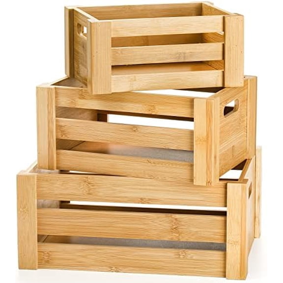 Set of 3 Bamboo Nesting Crates with Handles, Rustic Decorative Storage Container Box, Crate Box for Display, Farmhouse Bamboo Basket Bins for Fruit, Vegetable, Kitchen, Office, Bedroom, Closet