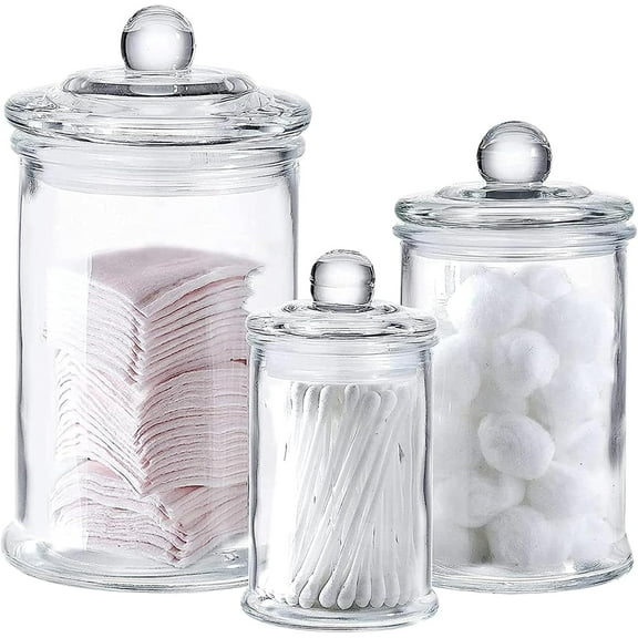 | Set of 3 Bathroom Canisters - Storage Container Jars - Premium Glass Apothecary Jars with Lids - Small Glass Jars for Kitchen or Bathroom Storage - Decorative Crystal Containers