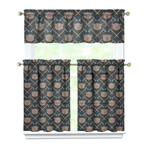 Set of 3 Bear Themed Kitchen Curtains - Cute Polar Bear Aesthetic Print, Brown Forest Winter Cartoon Design, Rod Pocket Short Curtains for Small Windows, Farmhouse Decor