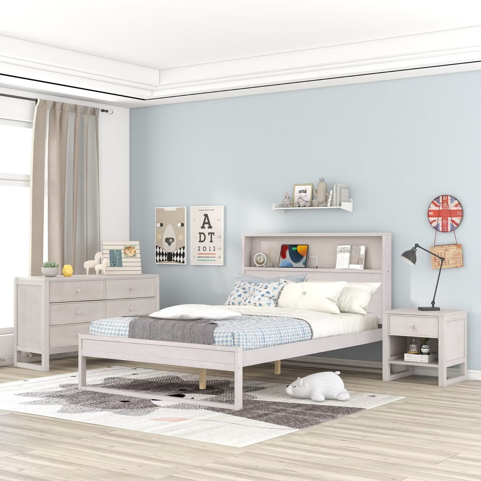 White bed with wood nightstands deals