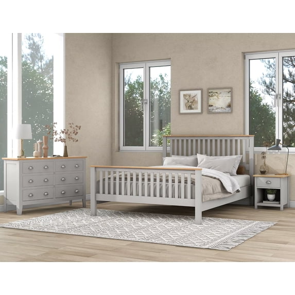 Set of 3 Bedroom Furniture Set, King Size Platform Bed Frame with 1 Nightstand and 1 Dresser, Solid Wood Storage Bed Frame with Slats Support for Kids Adults, Mattress not Included, Gray