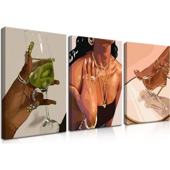 Set of 3 Black Girl Wall Art - African American Women Canvas Pictures Prints, Fashion Female Wall Decor Paintings for Living Room, Bedroom, Home Aesthetic Decoration, 16x24 inch