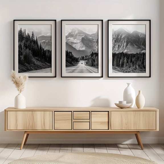 Set of 3 Black And White Mountain Prints, Nature Wall Art, Forest Prints, Canvas Posters, Modern Wall Decor, Spring Decor, Interior Decoration, Living Room, Bedroom, Home Office, Kitchen, Bar, Cafe,
