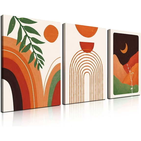 Set of 3 Boho Bedroom Decor Orange Minimalist Wall Decor Art, Mid Century Modern Neutral Abstract Geometric Framed Canvas Prints Wall Art for Bathroom 12inx16in