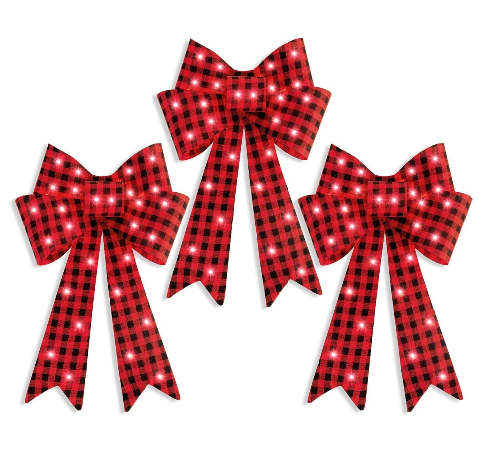 Set of 3 Red and Black Plaid Pre-Lit Christmas Bows