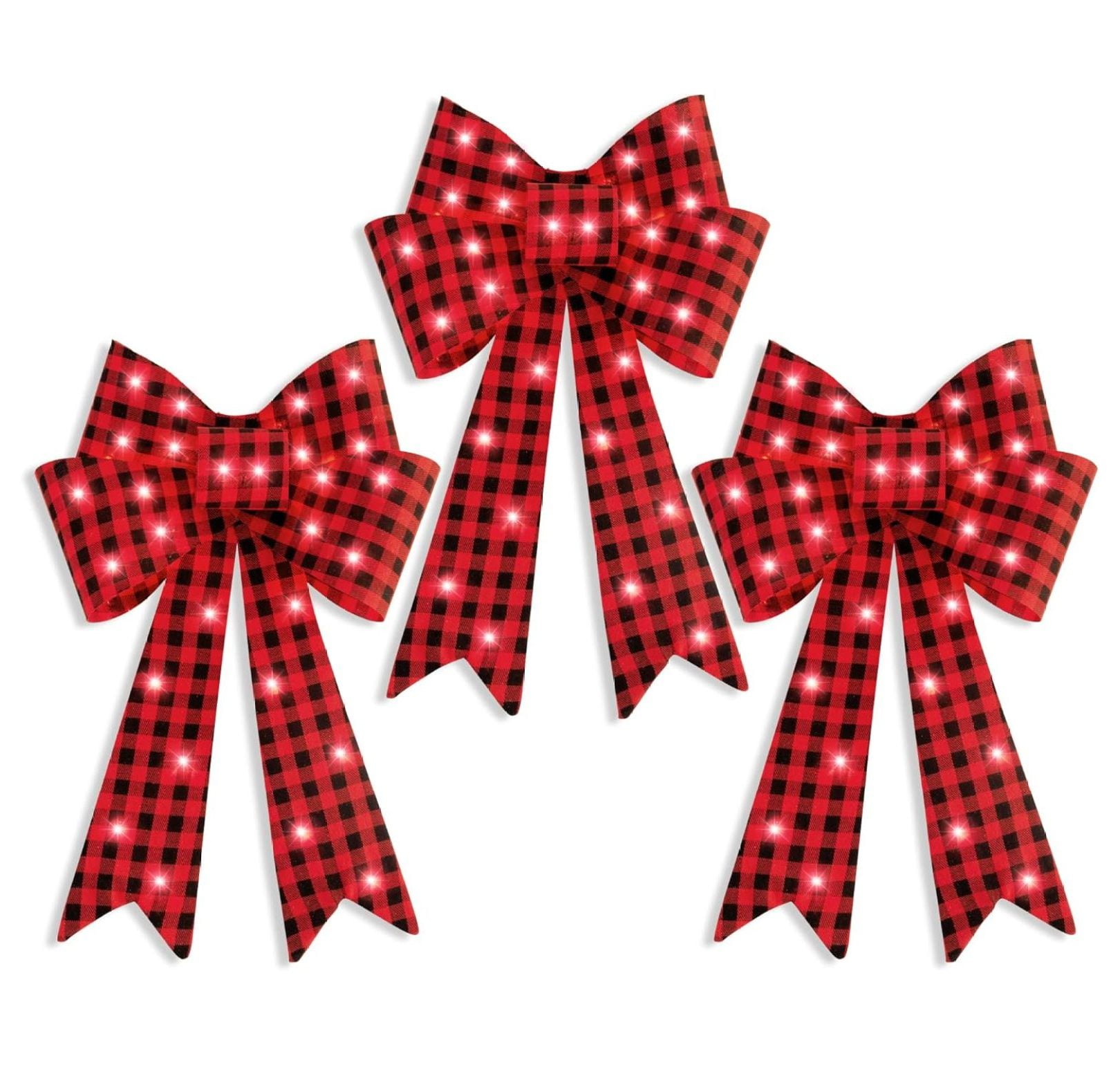 Set of 3 Red and Black Plaid Pre-Lit Christmas Bows