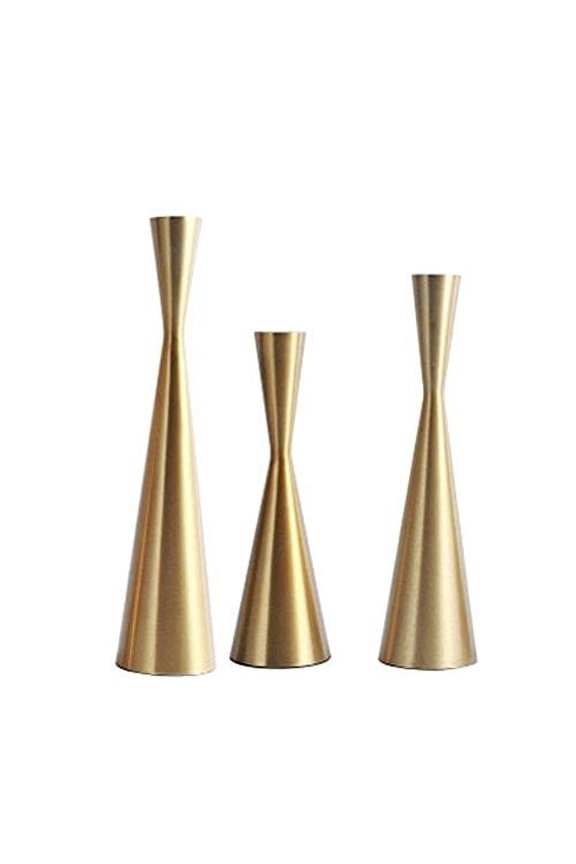 Set of 3 Brass Gold Metal Taper Candle Holders Candlestick Holders Vintage & Modern Decorative Centerpiece Candlestick Holders for Table Mantel Wedding Housewarming Gift (Brass Golden S+M+L/SET)
