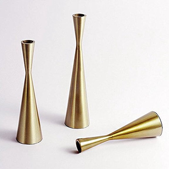 Set of 3 Brass Gold Metal Taper Candle Holders Candlestick Holders, Vintage & Modern Decorative Centerpiece Candlestick Holders for Table Mantel Wedding Housewarming Gift (Brass Golden, S+M+L/SET)