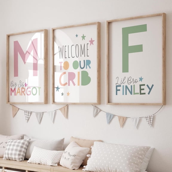 Set of 3 Brother Sister Prints, Sibling Prints, Brother Sister Wall Art, Shared Bedroom, Big Sis Lil Bro, Welcome to Our Crib, Kids Bedroom, Stretched Canvas