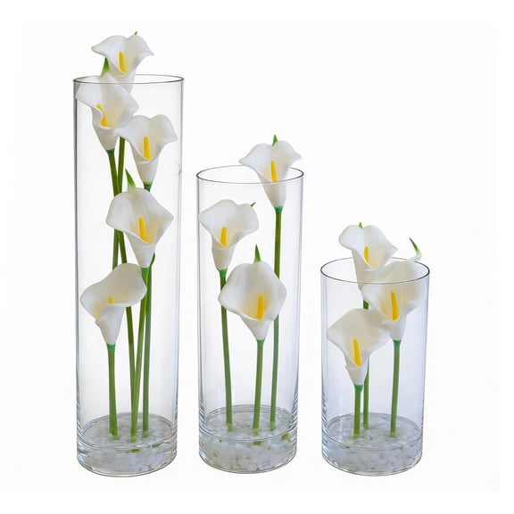 Set of 3 Calla Lily Artificial Flowers in Vase with Faux Water, Real Touch White Faux Calla Lily Flowers, Artificial Floral Arrangements for Home Decor Wedding Dining Table