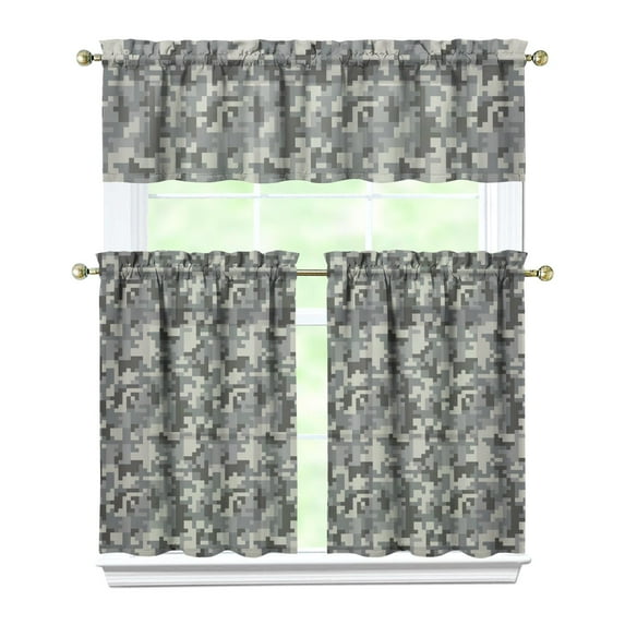 Set of 3 Camouflage Kitchen Curtains - Tactical Army Military Camo Tier Curtains with Valance, Outdoor Hunting Woodland Desert Jungle Camo Window Panels, Semi-Sheer Rod Pocket Short Curtains