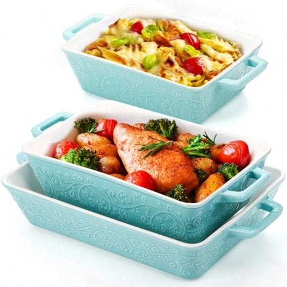 Set of 3 Casserole Dishes for Oven Ceramic Baking Dishes with Handles Rectangular Lasagna Pan Bakeware Set for Baking Cooking Roasting Broiling Gratin Wedding Housewarming Gift Blue