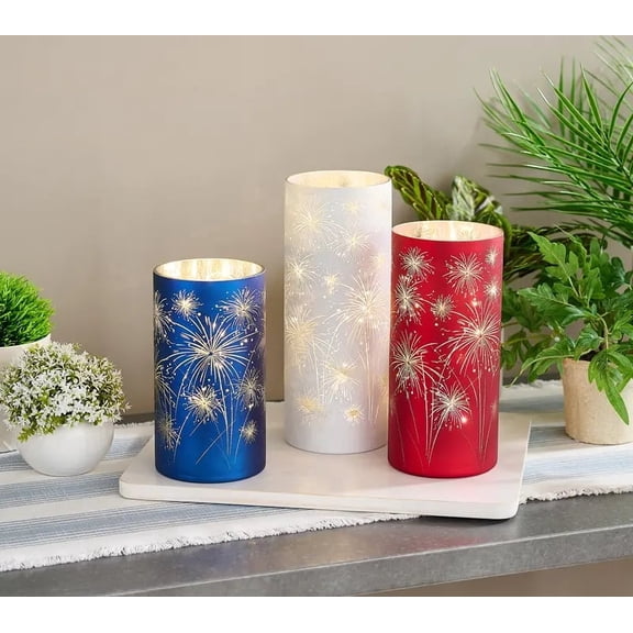 Set of 3 Celebration Firework LED Glass Hurricanes - Etched Starburst Pattern Glass Candle Holders with Twinkling Micro LED Lights,for Patriotic Holidays and Year-Round Decor