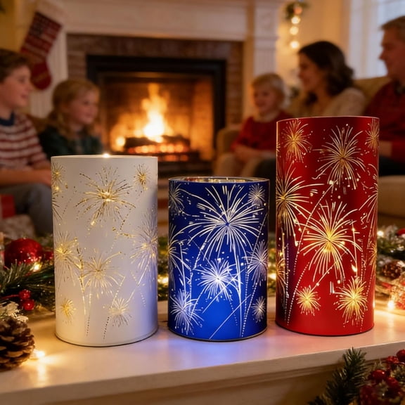 Set of 3 Celebration Hurricanes - Etched Firework Starburst Glass Pedestals with Warm White LED Lights, Twinkling Decorative Centerpiece for Mantel, Dining Table, Wedding & Holiday Dcor