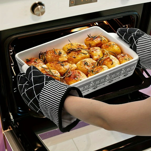 Set of 3 Ceramic Baking Dish with Handles, Porcelain Bakeware Set with Boho Pattern, Casserole Dish, Lasagna Pans, Rectangular Baking Dish for Kitchen, Cooking, Cake Dinner