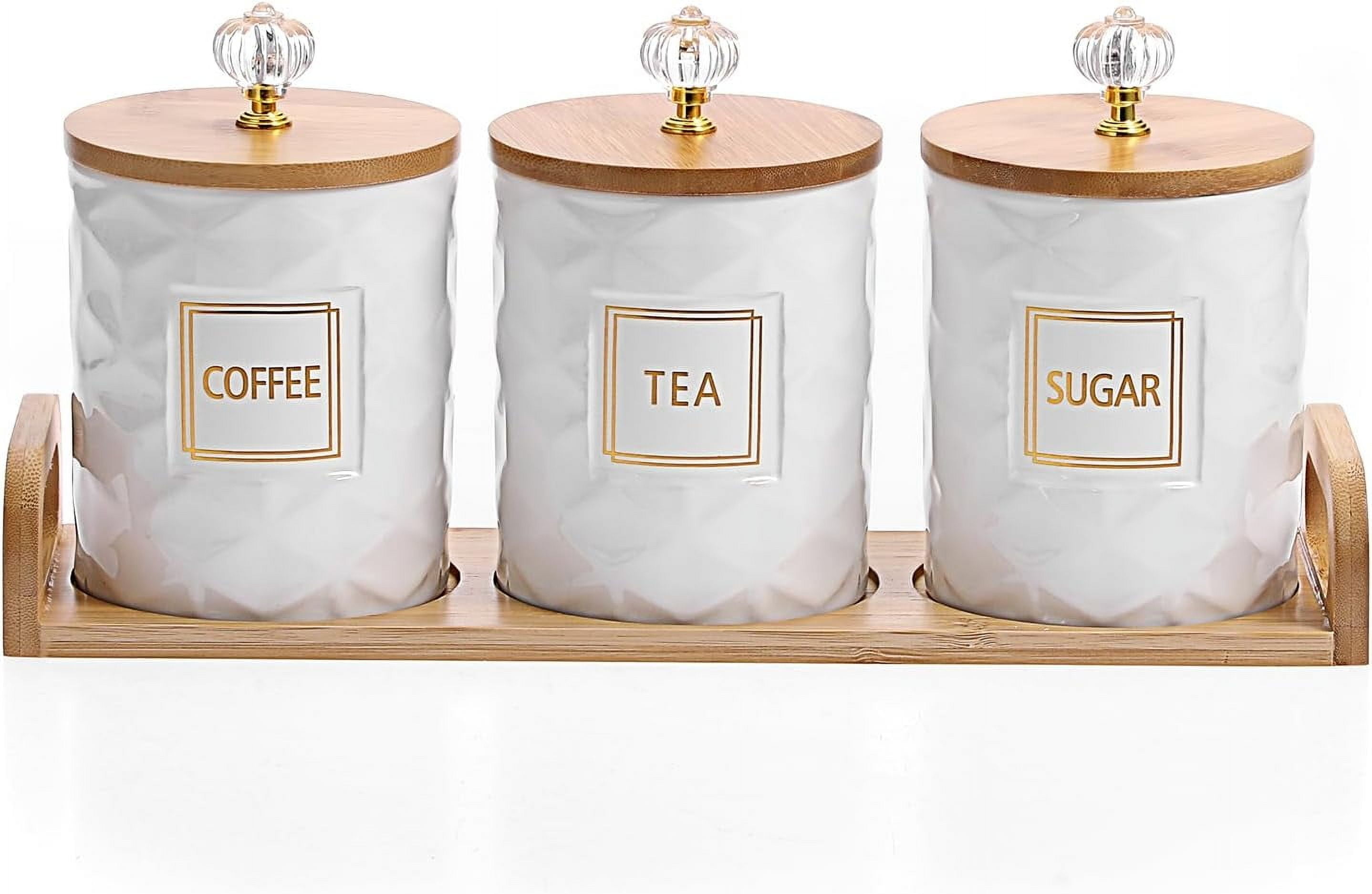 Set of 3 Ceramic Canisters Set for Sugar Coffee Tea With Handle Tray, Luxurious Storage Containers Sets with Lids Decorative Storage Pots White Ceramic Storage Jar for Kitchen Dining Counter
