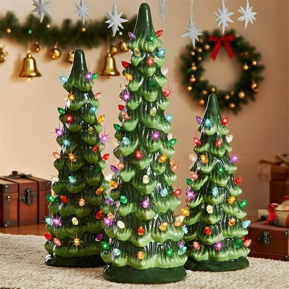 Set of 3 Ceramic Christmas Trees, Pre-Lit Tabletop Holiday Decoration with Battery LED Lights, Hand-Painted Mini Christmas Tree Decor for Home, Desk & Mantel Display