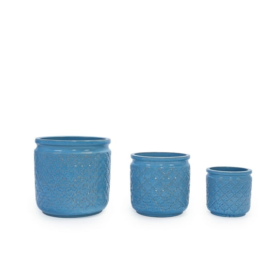 Set of 3 Ceramic Planters, Antique Blue, 15" L x 15" W x 15" H | Modern glazed ceramic flowerpots with drainage, ideal for patio, outdoor area, or windowsill display