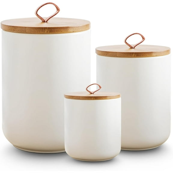 Set of 3 Ceramic Sealed Storage Jars with Wooden Lids , Large, Medium and Small Food Grade Kitchen Storage Jars, Kitchen Countertop Storage Containers for Coffee Beans Tea Leaves Sugar Flour Dry Good