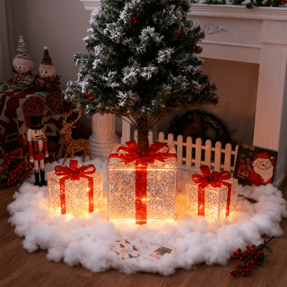 Set of 3 Christmas Lighted Gift Boxes,3D Texture Pattern Light Up Present Box Ornament with Bowknot,8 Modes Pre lit Presents Christmas Boxes for Indoor Outdoor Holiday Xmas Decorations