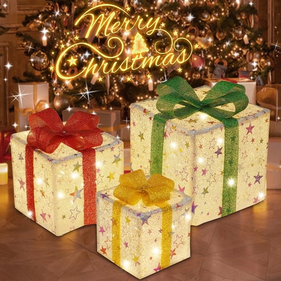 Set of 3 Christmas Lighted Gift Boxes, 50 LED Pre-Lit Gift Box Decorations with Bows, Battery Powered Light Up Presents for Indoor Christmas Tree, Outdoor Porch, Yard