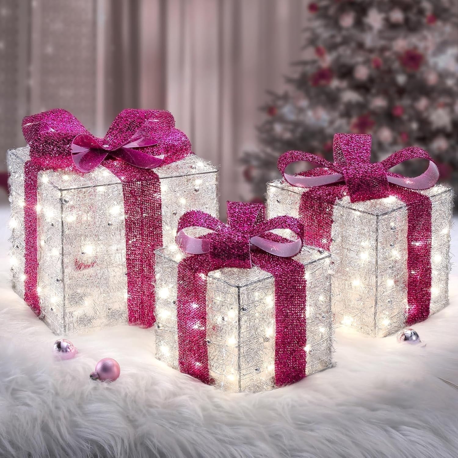 Hot Pink Christmas Lighted Gift Boxes , Aship 140 LEDs Light Up