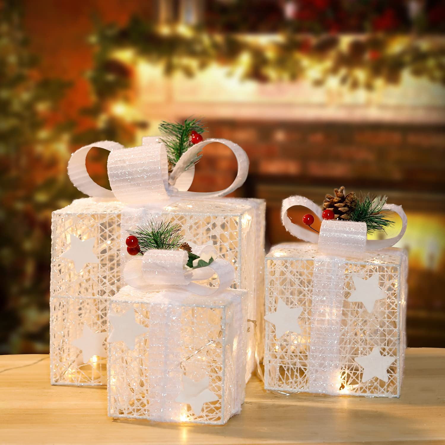 Set of 3 Christmas Lighted Gift Boxes Decorations, 60 LED Light up Present Box with Star