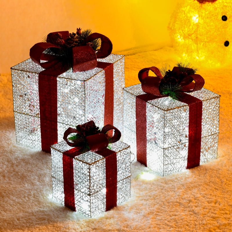 Set of 3 Christmas Lighted Gift Boxes Decorations Indoor, Prelit 60LED