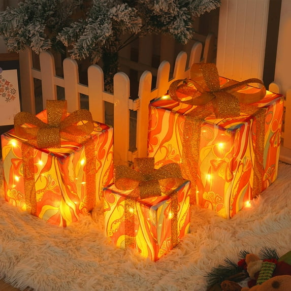 Set Of 3 Christmas Lighted Gift Boxes Decorations, Pre-lit LED Present Box with Remote Control for Outdoor Indoor Xmas Tree Skirt Ornaments Home Yard Lawn Decor