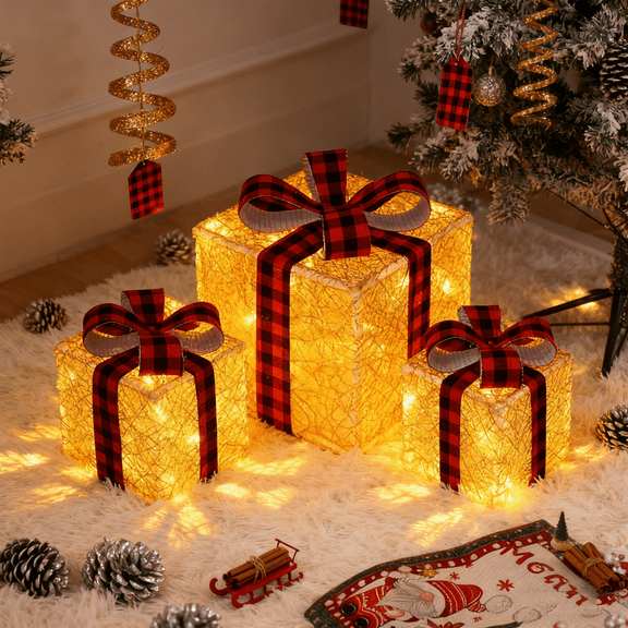 Set of 3 Christmas Lighted Gift Boxes,Different Sizes Light Up Gold Present Box Ornament with Plaid Bowknot,8 Modes Pre lit Presents Christmas Boxes for Indoor Outdoor Holiday Xmas Decorations