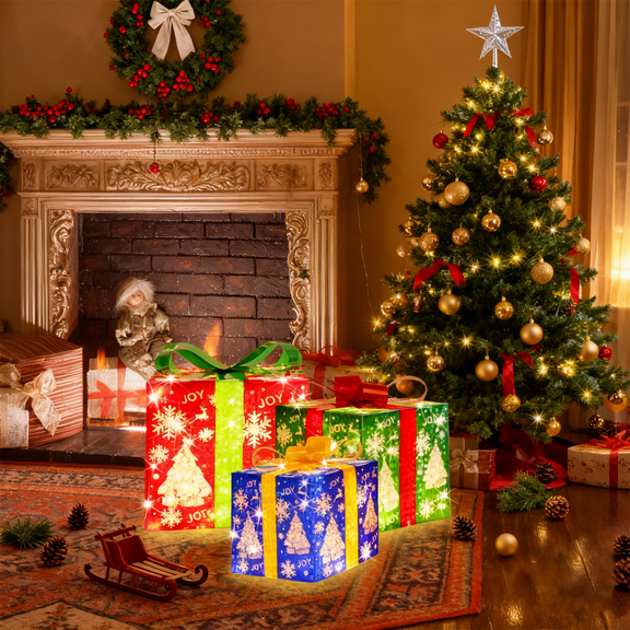 Set of 3 Christmas Lighted Gift Boxes,Different Sizes Light Up Joy Present Box Ornament with Bowknot,8 Modes Pre lit Presents Christmas Boxes for Indoor Outdoor Holiday Xmas Decorations