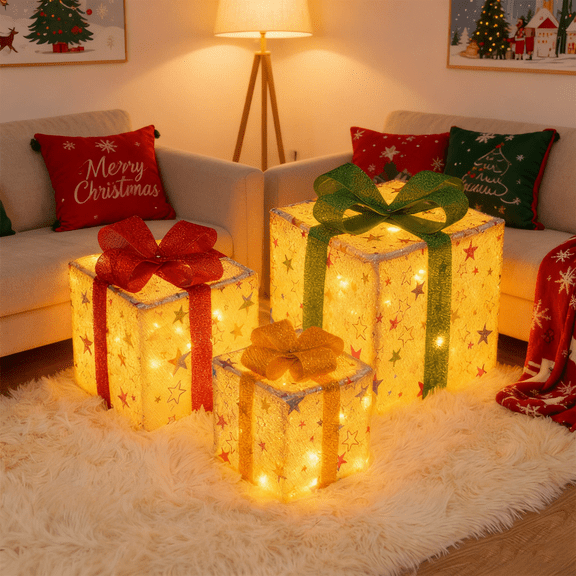 Set of 3 Christmas Lighted Gift Boxes,Different Sizes Light Up Present Box Ornament with Bowknot,8 Modes Pre lit Presents Christmas Boxes for Indoor Outdoor Holiday Xmas Decorations