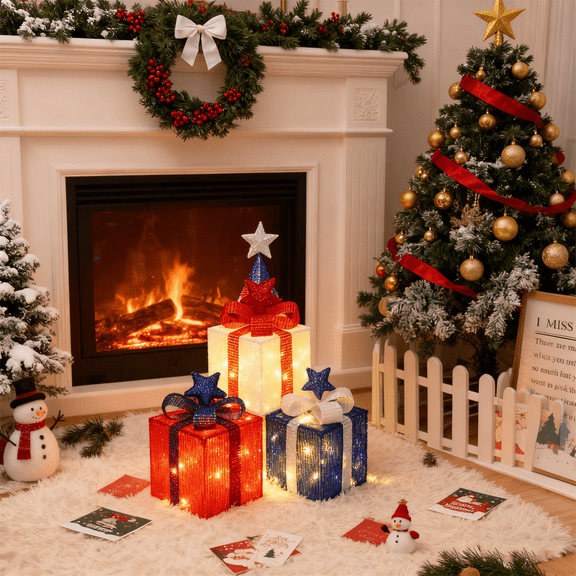 Set of 3 Christmas Lighted Gift Boxes,Different Sizes Light Up Present Box Ornament with Bowknot,8 Modes Timer Remote Pre lit Presents Christmas Boxes for Indoor Outdoor Holiday Xmas Decorations