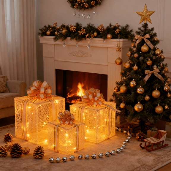 Set of 3 Christmas Lighted Gift Boxes,Different Sizes Light Up Present Box Ornament with Bowknot,Pre lit Presents Christmas Boxes for Indoor Outdoor Holiday Xmas Decorations