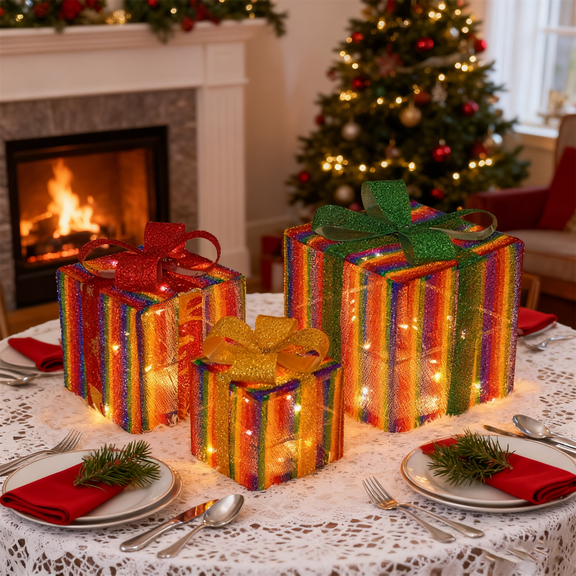 Set of 3 Christmas Lighted Gift Boxes,Different Sizes Light Up Rainbow Stripes Present Box Ornament with Bow,8 Modes Pre lit Presents Christmas Boxes for Indoor Outdoor Holiday Xmas Decorations