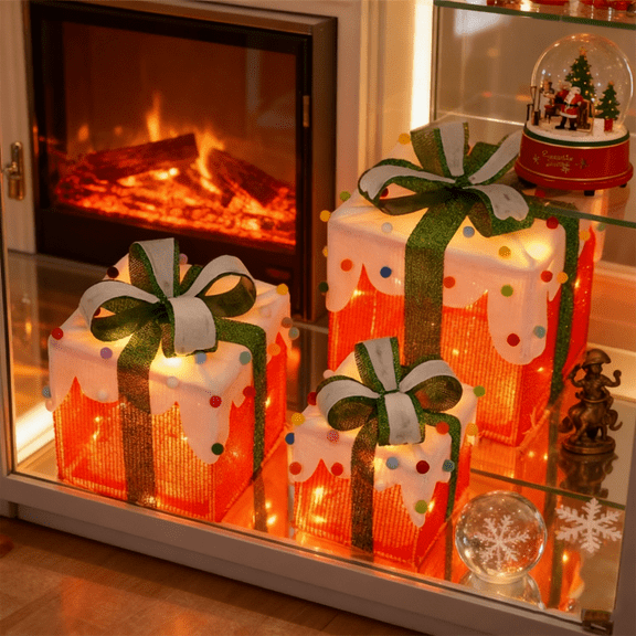 Set of 3 Christmas Lighted Gift Boxes,Different Sizes Light Up Red Present Box Ornament with Bowknot,8 Modes Pre lit Presents Christmas Boxes for Indoor Outdoor Holiday Xmas Decorations