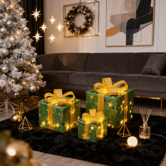 Set of 3 Christmas Lighted Gift Boxes,Different Sizes Light Up Star Present Box Ornament with Bowknot,8 Modes Pre lit Presents Christmas Boxes for Indoor Outdoor Holiday Xmas Decorations