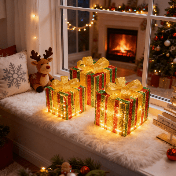 Set of 3 Christmas Lighted Gift Boxes,Different Sizes Light Up Stripes Present Box Ornament with Bowknot,8 Modes Pre lit Presents Christmas Boxes for Indoor Outdoor Holiday Xmas Decorations